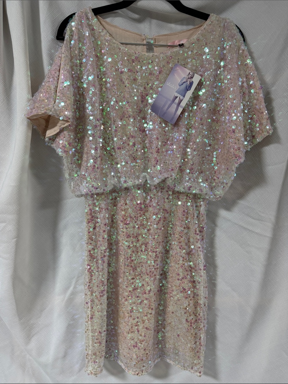 Lulu's Iridescent Sequin Blouson Cocktail Dress in Pale Pink